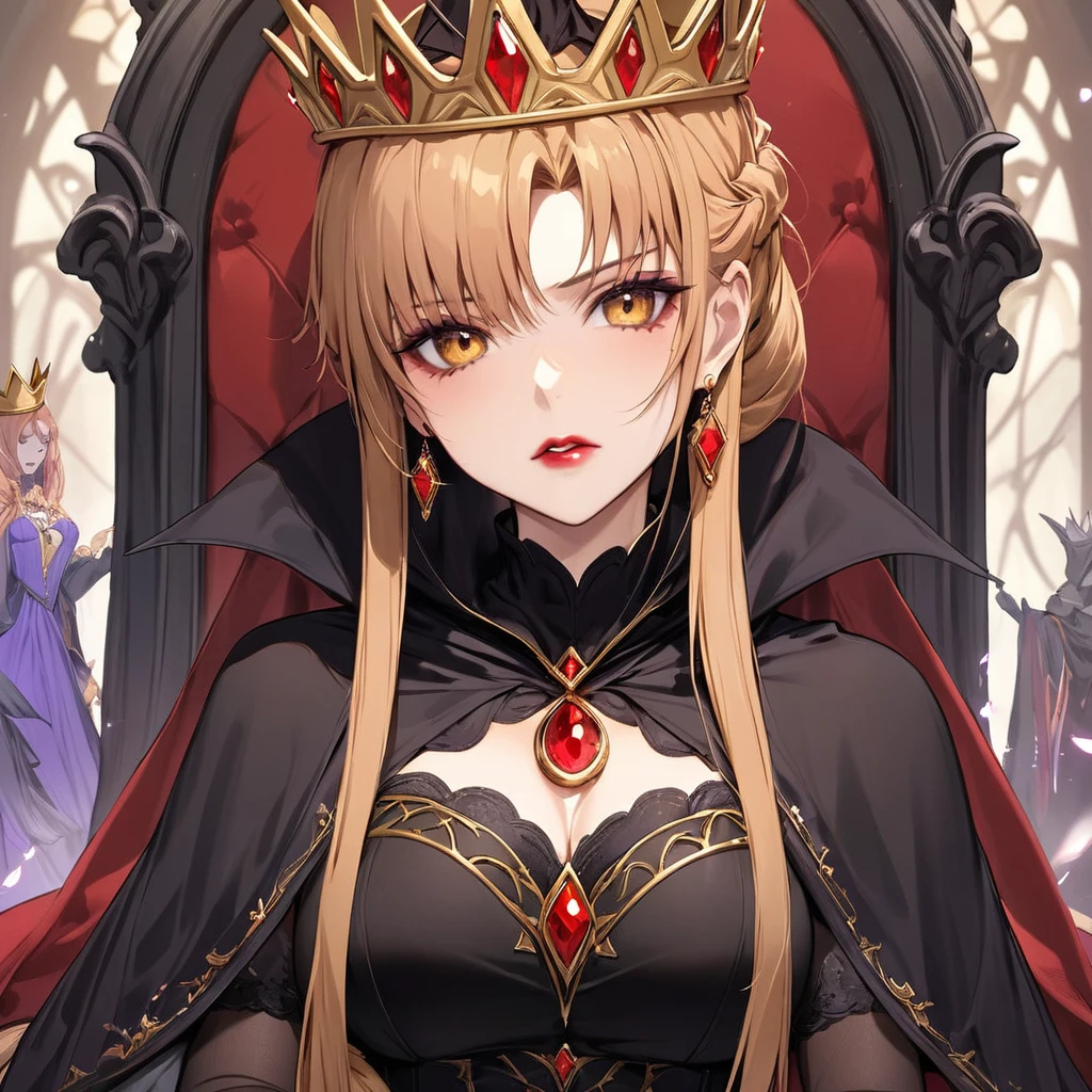 ((Highest quality)), ((masterpiece)), (detailed), （Perfect Face）、The woman is Asuna Yuki, the evil queen of Grimhild, with light brown, medium-long hair, lipstick, heavy eyeshadow, and other gaudy makeup.、The woman is dressed in a black Victorian dress with gorgeous gold embroidery and trim, a black cowl that fits her face, gorgeous earrings, and is adorned with gorgeous accessories. She is wearing a gorgeous and magnificent golden crown, and is dressed as an evil queen. She is a beautiful evil queen who is reigning on a gorgeous throne.