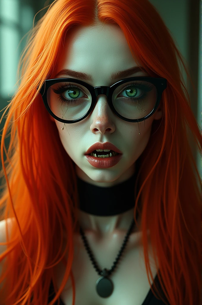 woman with red hair, Pale skin, green eyes, sharp teeth, hair so long that it reaches the floor, with pregnant vision glasses