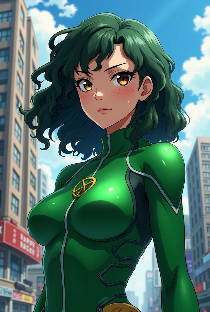 Superheroine in green suit with slightly long curly hair , with freckles, Brown eyes, Bokuno Hero Academia 
