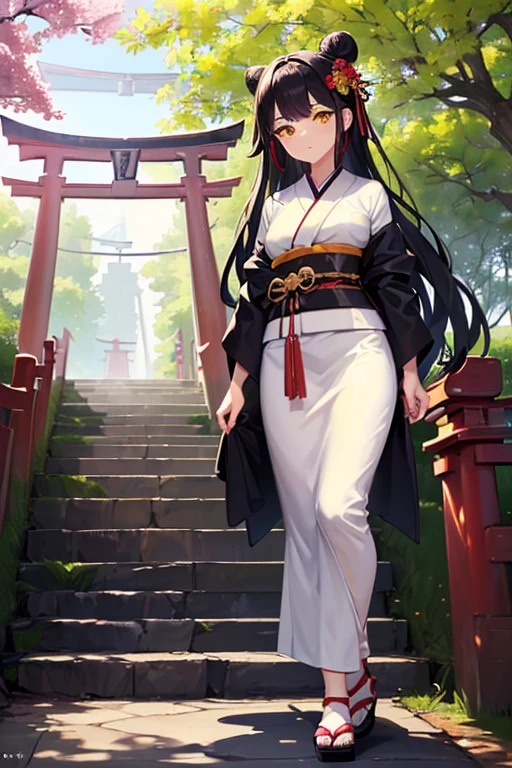 ((work of art,best qualityer, black kimono, , black cinta, Bblack hair, flowerses de cerejeira, giorno, flowers, hair bun, hair cinta, Japanese clothing, kimono, long hair, looking ahead at viewer,  belts, plein-air, Eyes red, Red hair, cinta, sandals, simple bread, staircase, standing, statue, torii, tree, white kimono, yellow  eyes