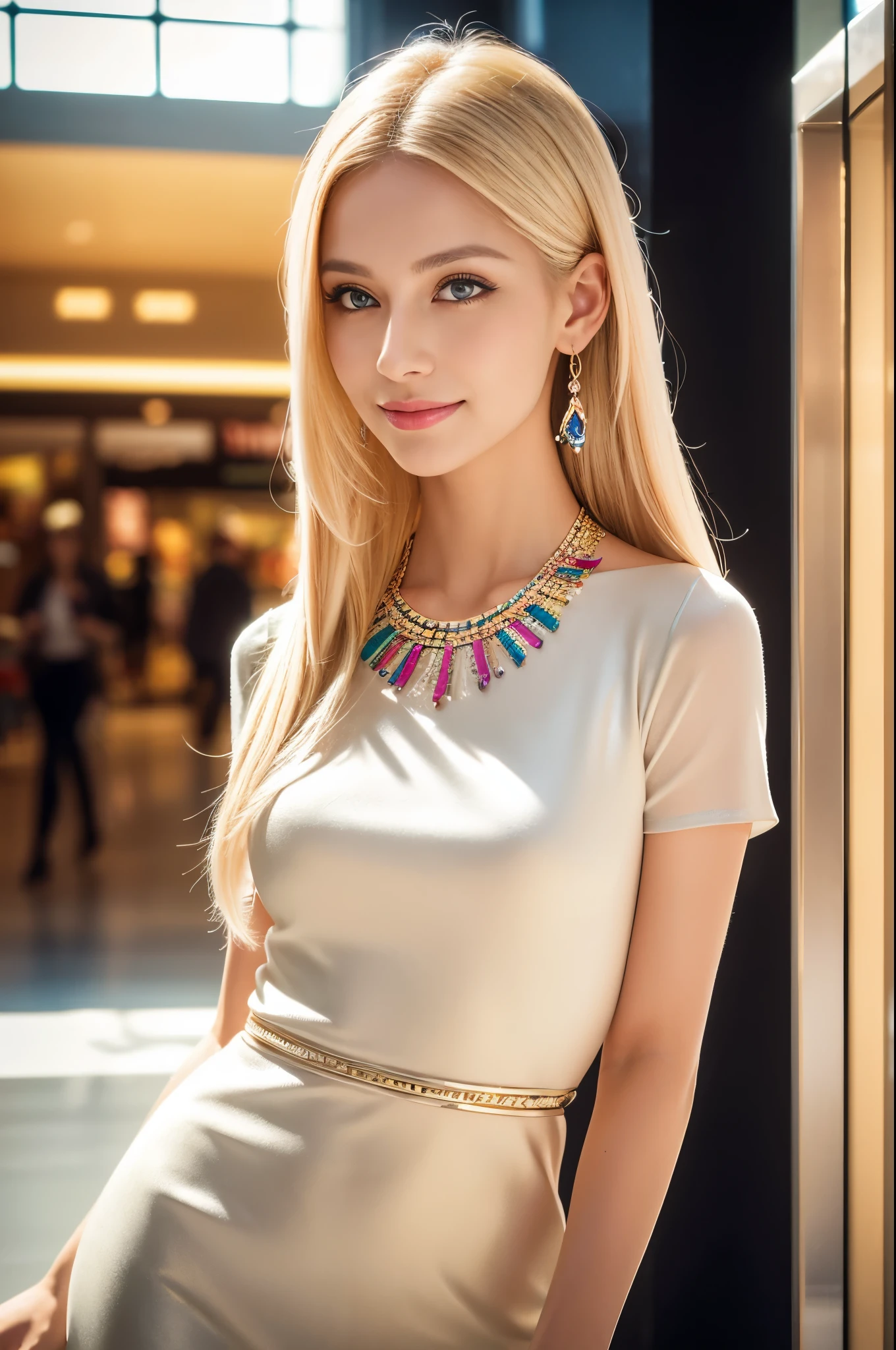(best quality, 4k ,8k, highres, masterpiece:1.2), ultra-detailed, (realistic, photorealistic, photo-realistic:1.37), closeup, beautiful Swedish woman, beautiful smile, long lashes, beautiful makeup, platinum blonde hair, fair skin, slender figure, elegant posture, wearing large sparkling colorful jewelery, wearing a business style black leather dress, standing in a large shopping mall, gentle sunlight shining through the shopping mall windows, casting a soft glow on her face, adding warmth to the scene, vibrant colors, capturing the essence of vibrant city life, portrait style, showcasing her natural beauty and grace in a feminine way