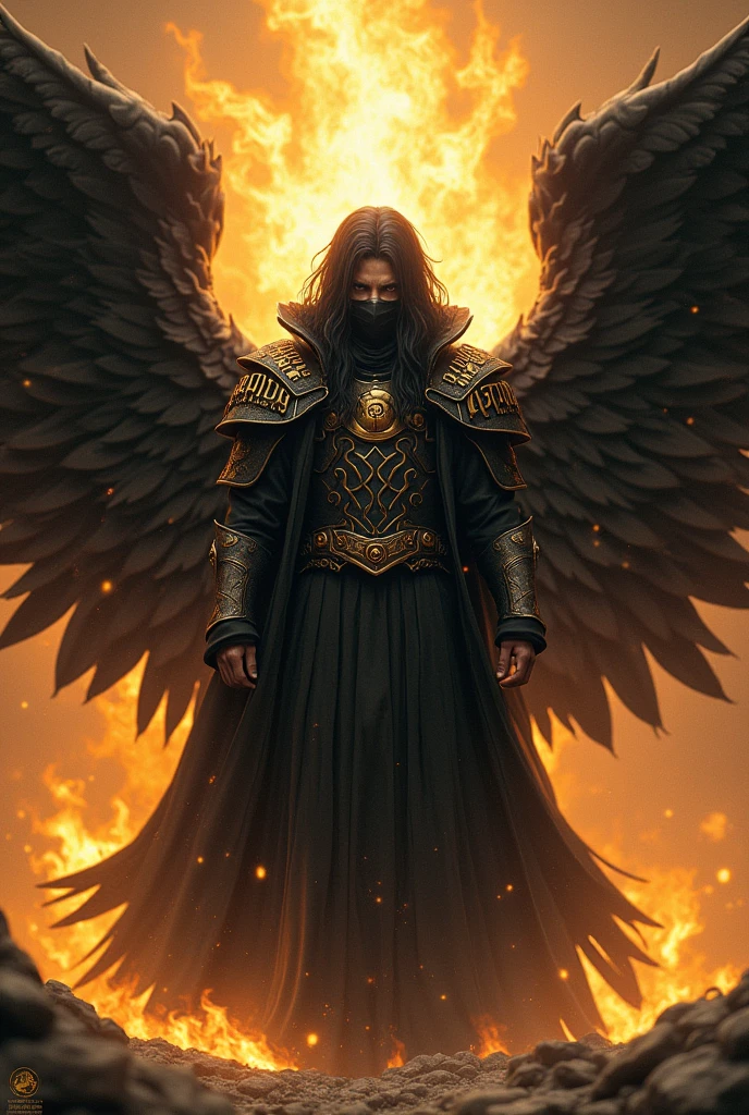 Madara Uchiha male man in armor with long wavy black hair covering part of his face with a golden aura of black fire and wings covered in bronze and black metal with golden Hebrew letters inscribed on them with a menacing look and a hood covering his head and face and a mouth cover, emanates a totally incredible power 
