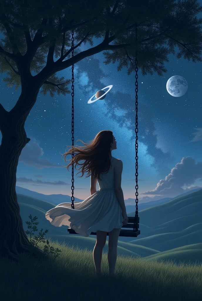 An image in the field at night, a woman with long brown hair from behind, under a tree with a swing. this&#39;it&#39;s night and you can see the stars in the sky, the moon and saturn&#39;saturn&#39;s rings are in the sky
