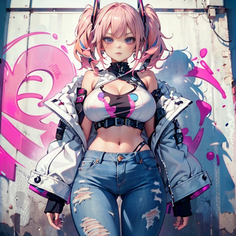 Anime Kawaii sexy Perfect Slim sensual body large breast and huge thighs, An intricate and highly detailed illustration of anime (Young girl) 8K,Ultra Detail,ultra-quality,ultra precision,ultimate masterpiece,GAL,big ,big Thigh,white leather jacket,jeans,twin tail(blond&pink mix),cool Graffiti on the wall,Cyber punk street,