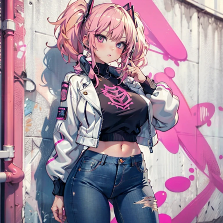 Anime Kawaii sexy Perfect Slim sensual body large breast and huge thighs, An intricate and highly detailed illustration of anime (Young girl) 8K,Ultra Detail,ultra-quality,ultra precision,ultimate masterpiece,GAL,big ,big Thigh,white leather jacket,jeans,twin tail(blond&pink mix),cool Graffiti on the wall,Cyber punk street,