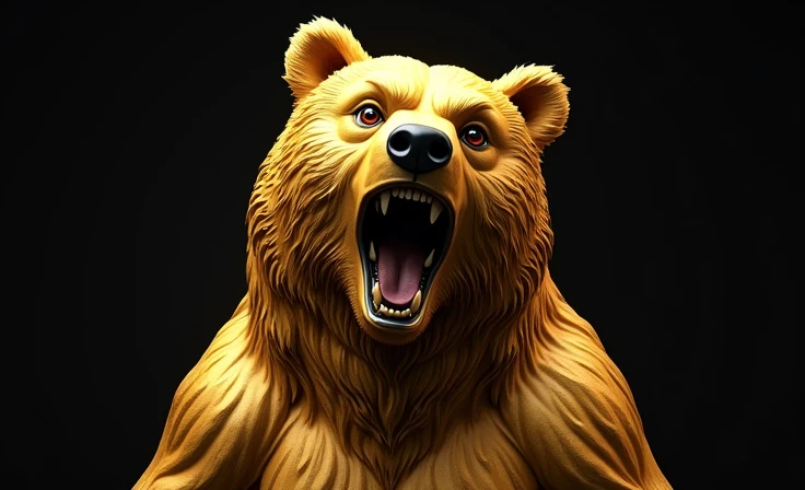 whole bear. smooth gold chrome shiny angry attacking from above with his golden bear black background