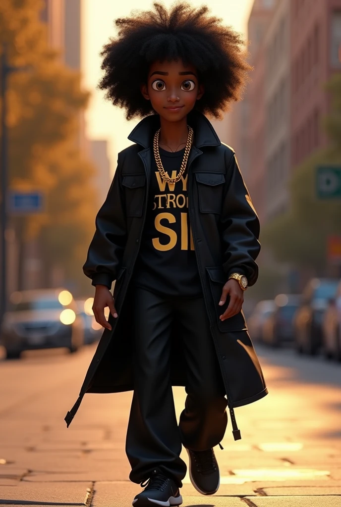 Disney Pixar (YOUNG BLACK MAN WITH LONG, CURLY BLACK HAIR) He is walking through the streets of your neighborhood, in a black coat with the words Wy Strong Sil written on it, Wide black pants, black sneakers, many gold threads around the neck, gold watch on wrist, ( It doesn't change the appearance of the face and the hair is already perfect) pixar, cool and stylish