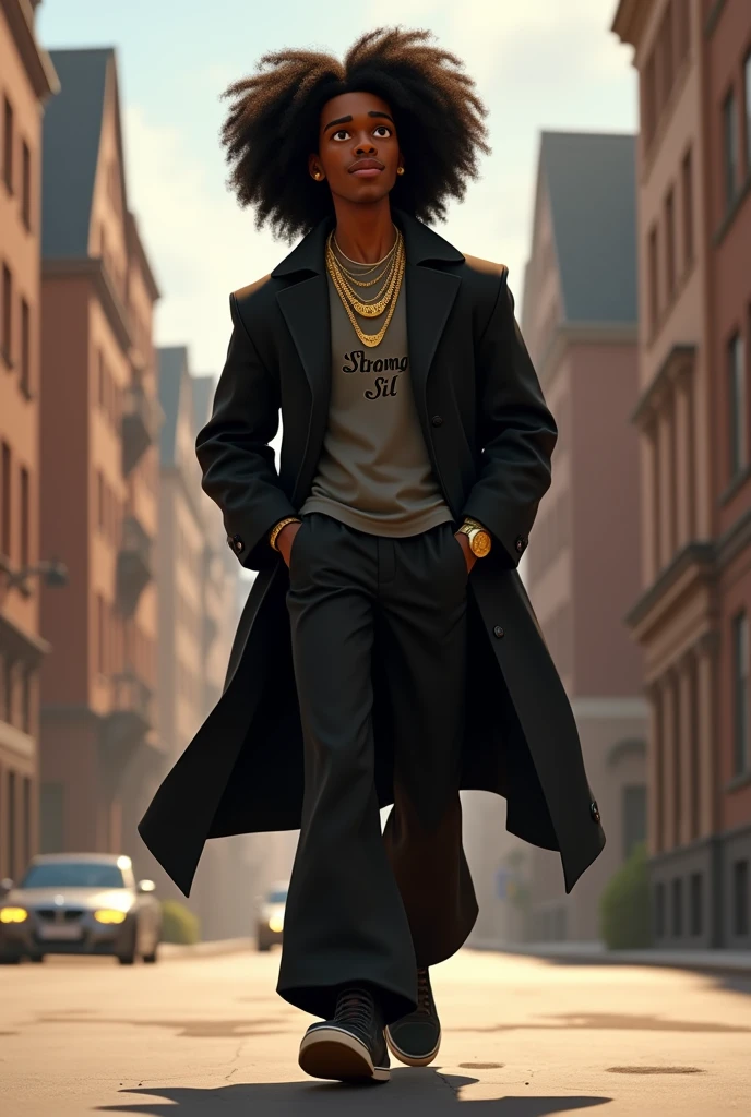 Disney Pixar (YOUNG BLACK MAN WITH LONG, CURLY BLACK HAIR) He is walking through the streets of your neighborhood, in a black coat with the words Wy Strong Sil written on it, Wide black pants, black sneakers, many gold threads around the neck, gold watch on wrist, ( It doesn't change the appearance of the face and the hair is already perfect) pixar, cool and stylish