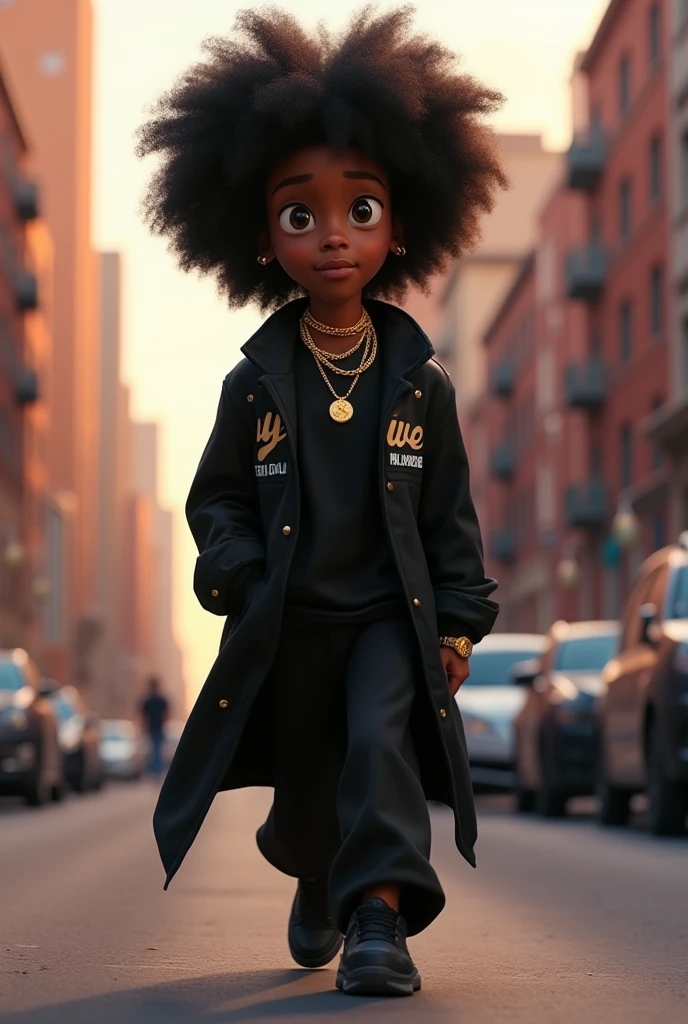 Disney Pixar (YOUNG BLACK MAN WITH LONG, CURLY BLACK HAIR) He is walking through the streets of your neighborhood, in a black coat with the words Wy Strong Sil written on it, Wide black pants, black sneakers, many gold threads around the neck, gold watch on wrist, ( It doesn&#39;t change the appearance of the face and the hair is already perfect) pixar, cool and stylish