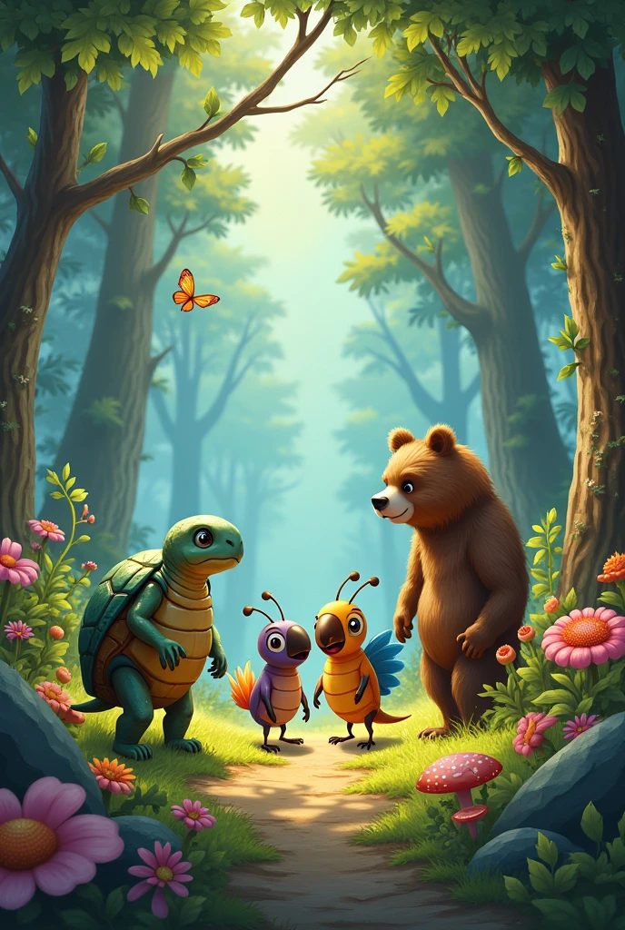 In a forest full of colors and sounds lived four great friends: Sadness, the turtle; Antonia, the ant; Bruno, Bear; and Paco, The parrot. Although they were very different, They always played together and helped each other in everything..