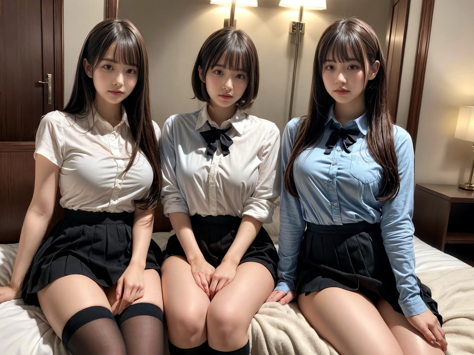 masterpiece, best quality, illustration, Super detailed, fine details, High resolution, 8K,wall paper, perfect dynamic composition,(Details High quality, realistic depiction of eyes:1.3), (3 girls), (collared shirt:1.1), pleated skirt, knee high socks, sitting, open legs, short bob hair, in a hotel room in the background, deep on field, large breasts, black hair color, Big Natural Color Lip, (perfect body shape), crying a little、Harajuku style、20 year old girl、cute type、beautiful legs, Gravure Idol