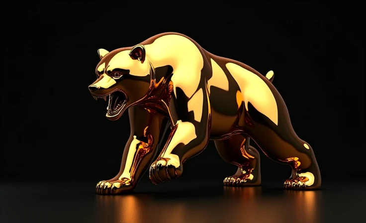  whole bear. smooth gold chrome shiny angry attacking from above with his golden bear black background