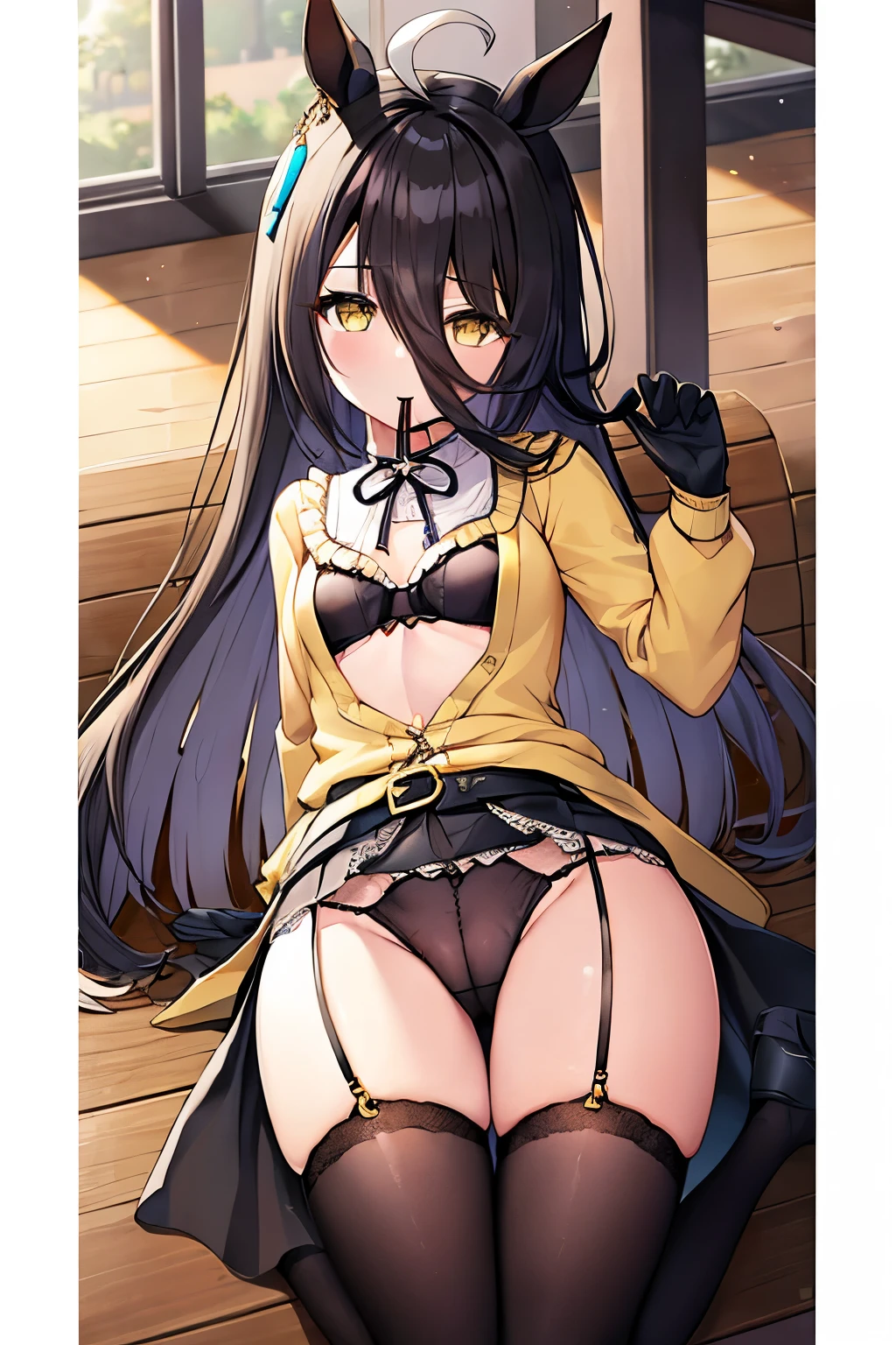((masterpiece))、((Highest quality))、Full-body wide-angle、(solo)、Manhattan Cafe,Manhattan Cafe,、White Ahoge, (Long black hair)、Long black bangs between the eyes,,、Black horse ears、Horse tail、Yellow eyes without highlights、(((Small breasts)))、((Black bra))、((Black Shirt))、 ((Black Panties))、Black gloves、Yellow tie、belt、Mouth closed、Black tights、Exposed thighs、Cameltoe、Garter Stockings Mouth closed