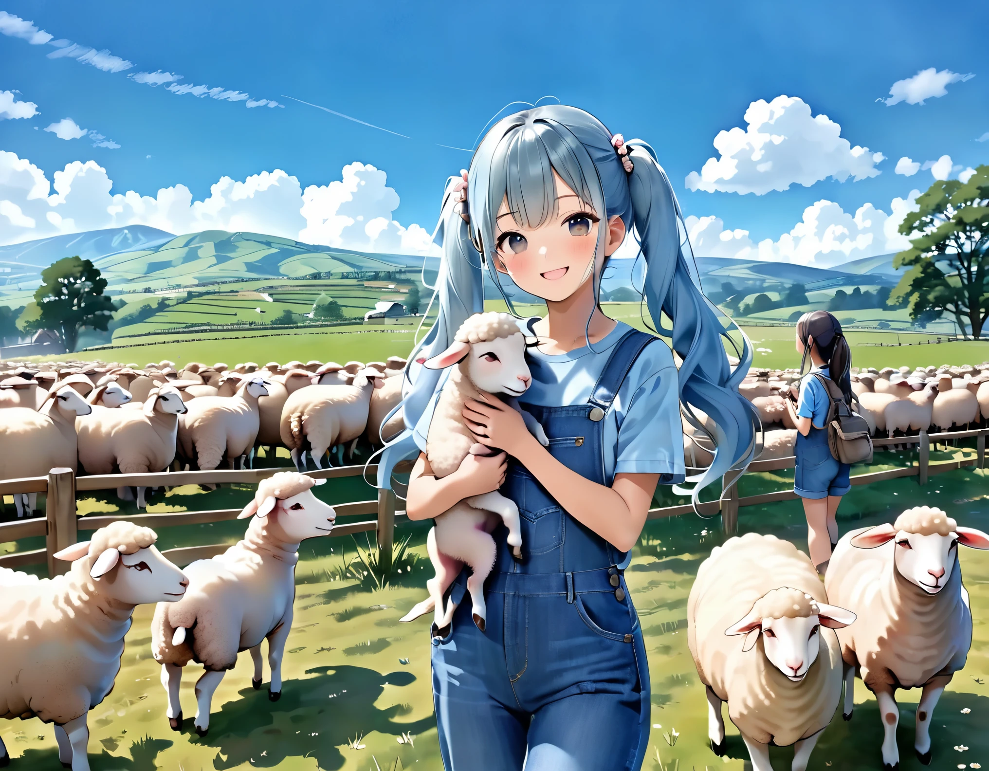Light blue long hair、beautiful girl with twin tails、T-shirt and denim jumpsuit、A happy smile、Sheep pasture、Lots of sheep、 smiling while holding a sheep、blue sky、Two dogs watching over sheep