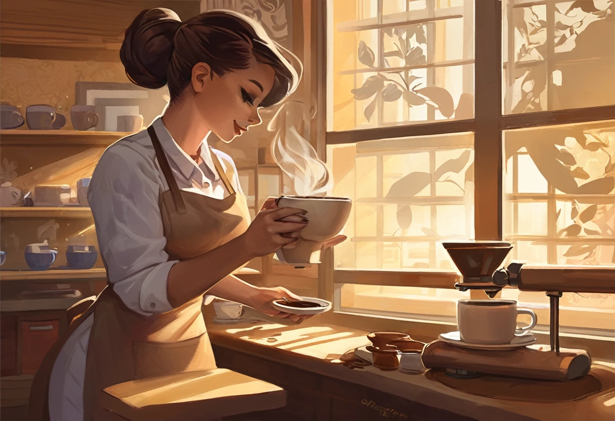 A captivating painting of a playfull and pretty barista at work, showcasing her curvy figure byvthe shadow play from a side view. She is skillfully preparing a tantalizing cup of coffee, her movements fluid and precise. The sunlight streams in through the window, casting a warm glow and emphasizing the rich colors and textures. The background reveals the cozy coffee shop ambiance, creating an inviting and enchanting atmosphere.