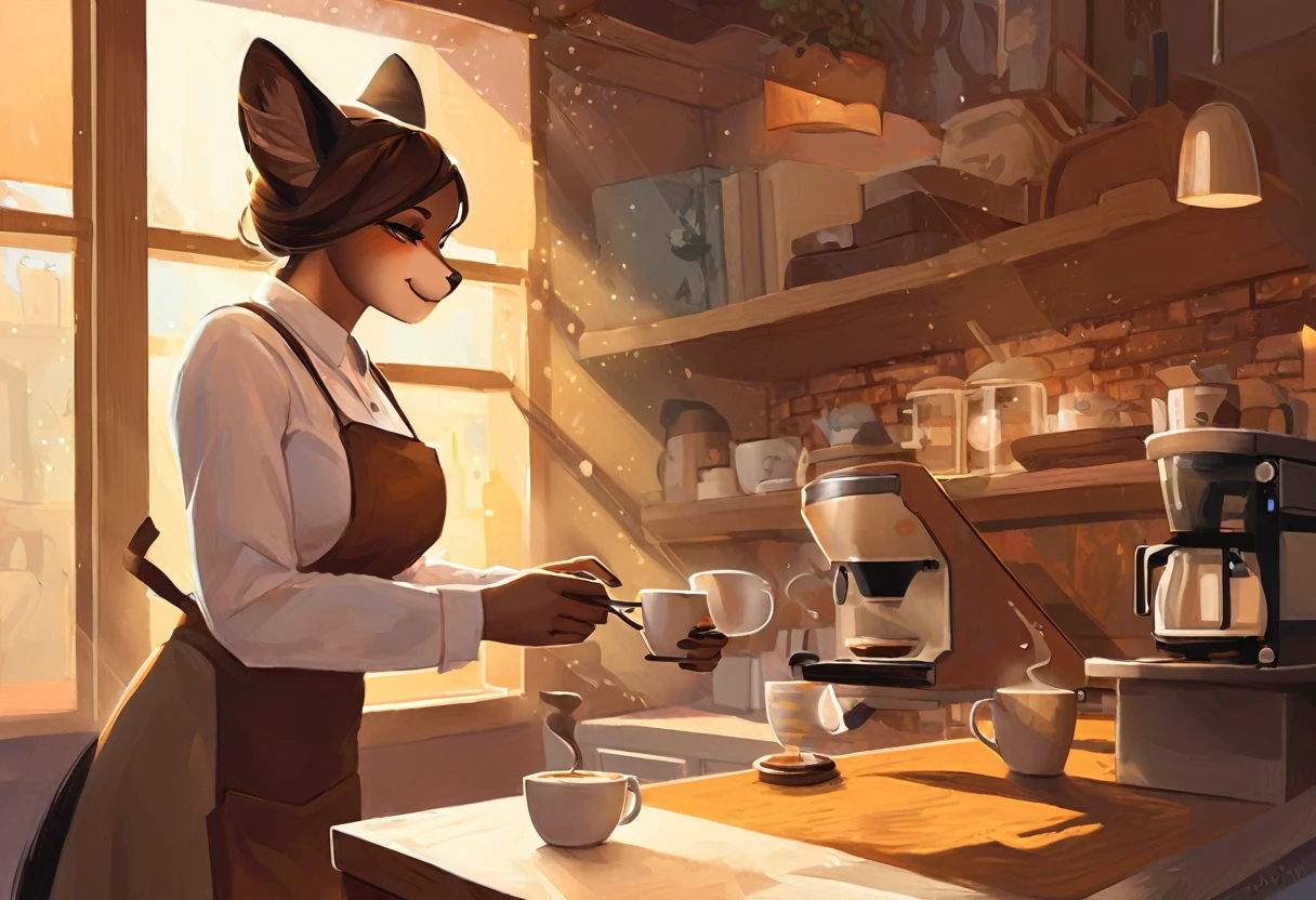 A captivating painting of a playfull and pretty barista at work, showcasing her curvy figure byvthe shadow play from a side view. She is skillfully preparing a tantalizing cup of coffee, her movements fluid and precise. The sunlight streams in through the window, casting a warm glow and emphasizing the rich colors and textures. The background reveals the cozy coffee shop ambiance, creating an inviting and enchanting atmosphere.