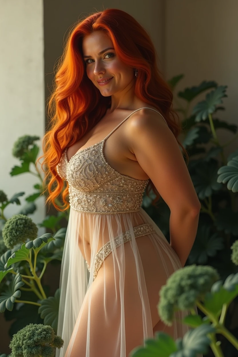 cocktail dress, body able to see through,Curvy athletic body, us, orange long hair, eyes browns, looking ahead at viewer, shy, smiling,Kale