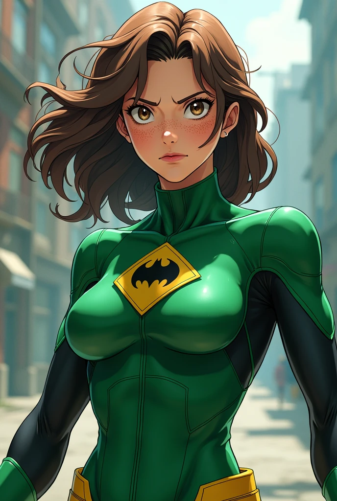 Superheroine in a green suit with slightly long curly brown hair , with freckles, Brown eyes, Bokuno Hero Academia 
