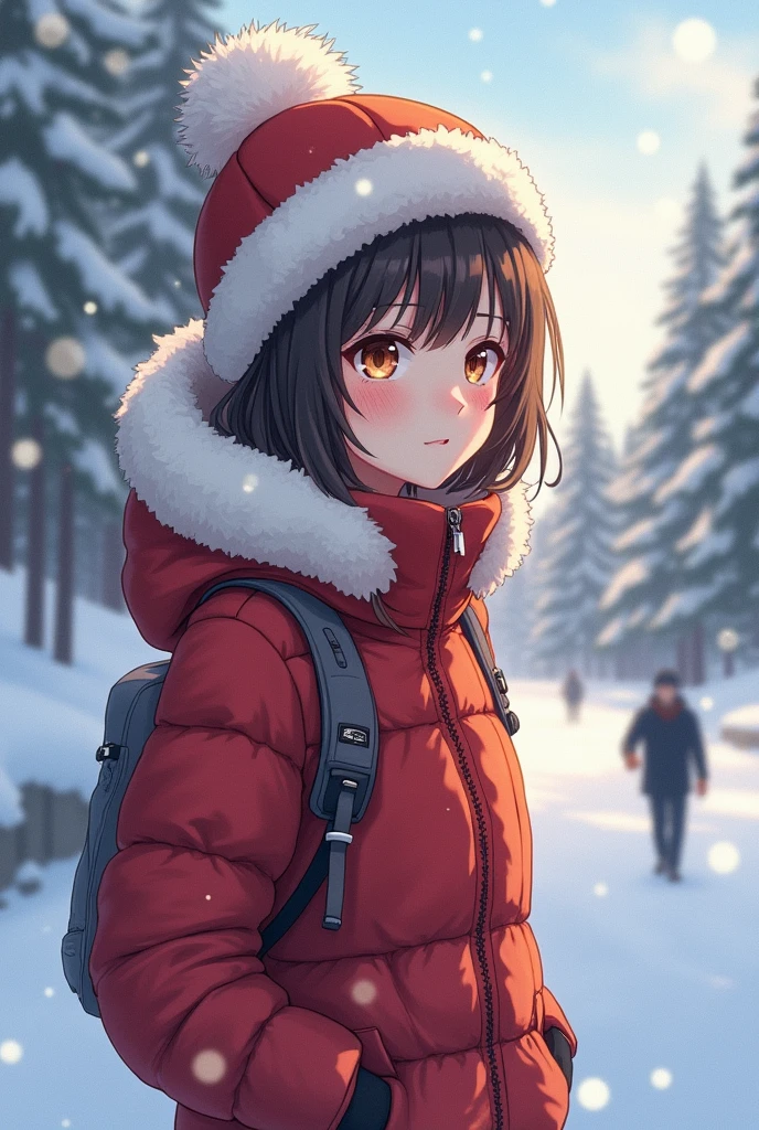 (photorealism:1.2), anime girl with a winter suit and a ushanka