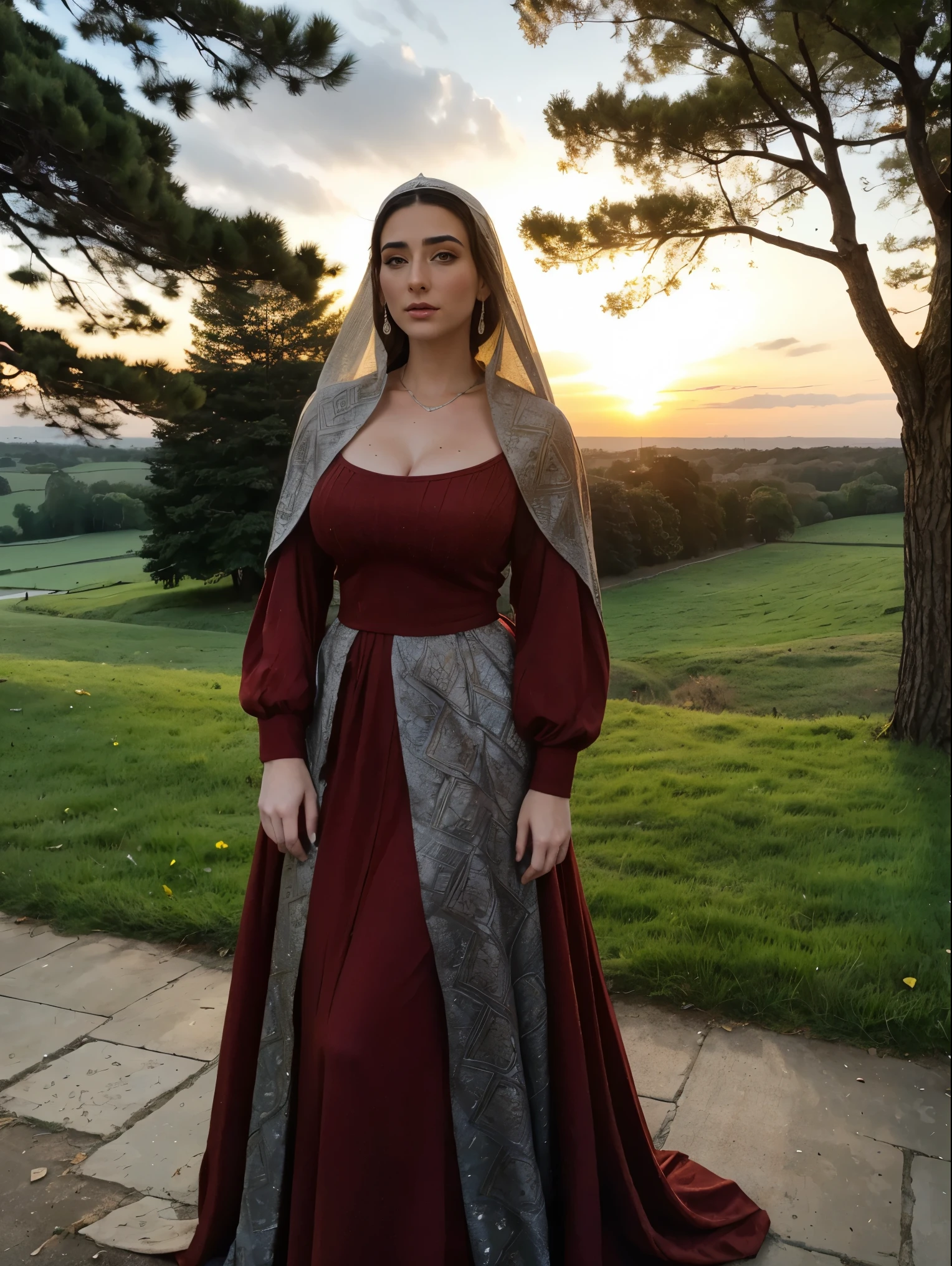 Gorgeous and sultry busty athletic (thin) brunette queen with sharp facial features wearing a modest updo, dark red medieval dress, long sleeves, intricate patterns, embroidery, wide neck, crown, veil, long dress, modest dress, tight bodice, (silver waist chain), medieval jewelry, Middle Ages, castle, rampart, wall, exterior, on top of a castle wall, trees, countryside, evening, sunset.