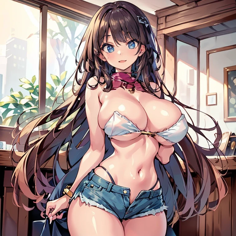 Anime Kawaii sexy Perfect Slim sensual body large breast and huge thighs, An intricate and highly detailed illustration of anime (Young girl) (work of art, best qualityer, ultra detali, high resolution, 4K),(beautiful detailed eyes),(very highly detailed face),(1 girl),HDR,long hair, shorts, phone, eyes browns, chestnut hair, cellphone, bracelet, regatta, jewerly, to attend, lips, focus only, glaze, blurry background, ssmile, wristto attend, realisitic, blurry, gazing at viewer