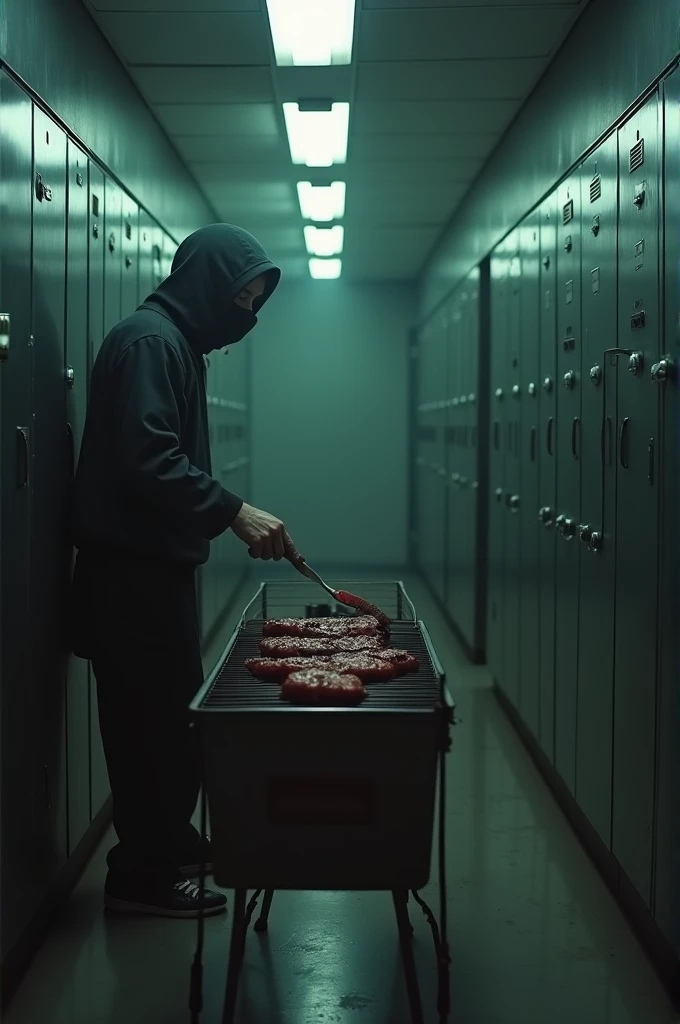 Grill meat at the morgue realistic photograph analog creepy ambient