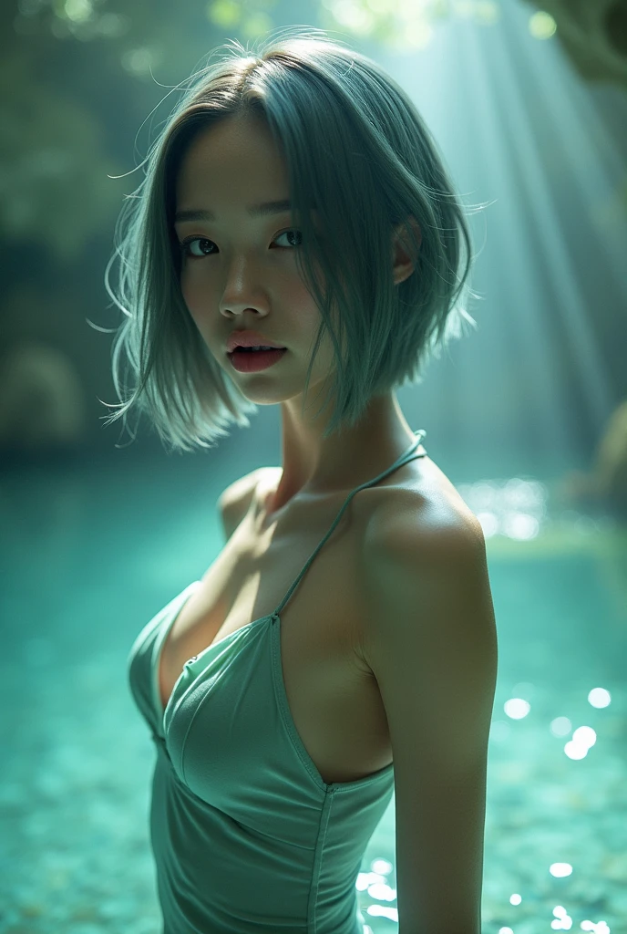 editorial photography,super detailed background,Super realistic,double exposure,depth of field,beauty skinny vibes,soft focus tone,narrative scene,open lips,Super short straight hairstyle,mermaid,