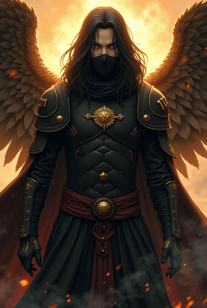 Madara Uchiha male man in armor with long wavy black hair covering part of his face with a golden aura of black fire and wings with golden Hebrew letters inscribed on them with a menacing look and a hood covering his head and face and a mouth cover, emanates a totally incredible power 
