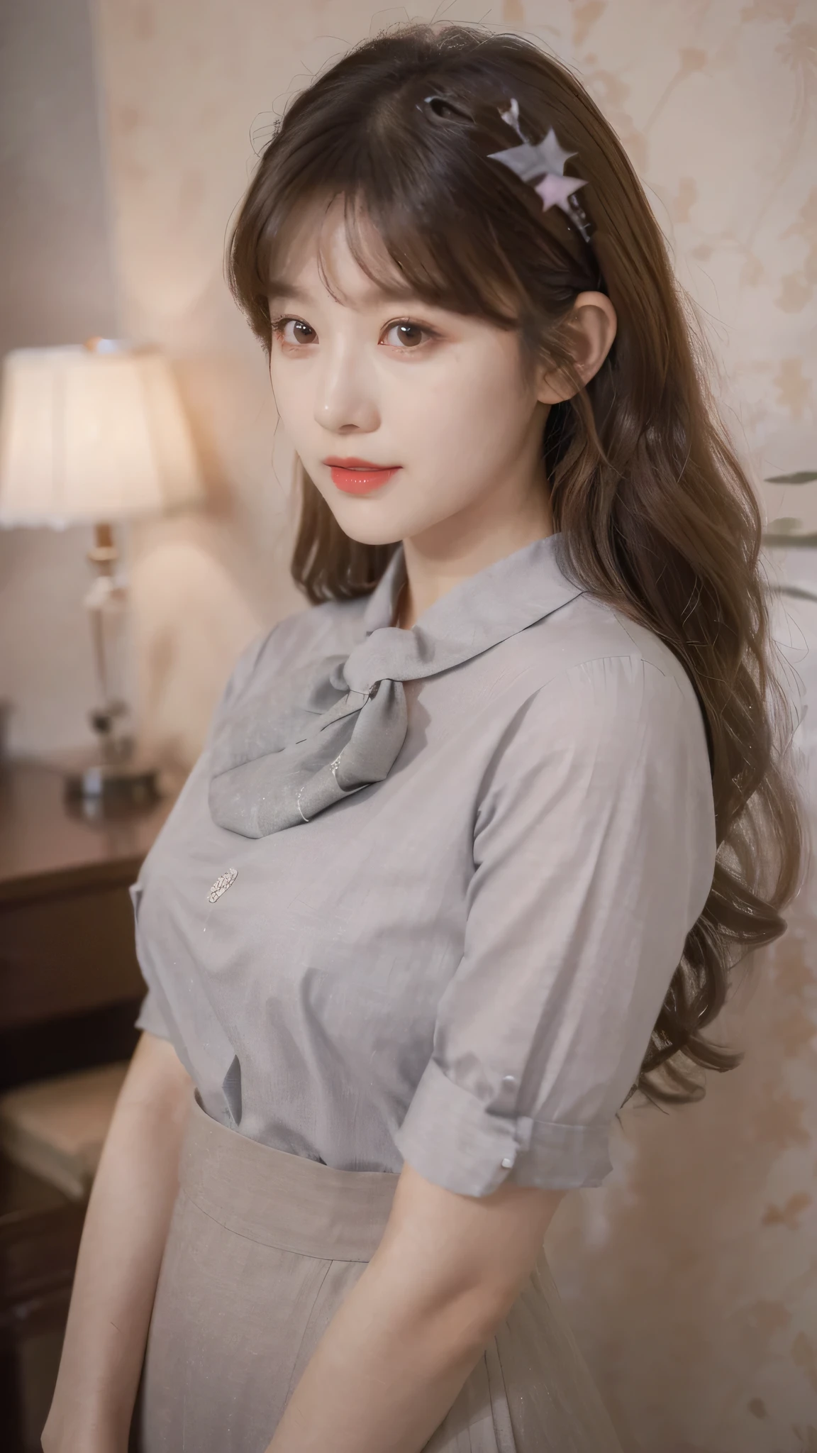 detailed background, masterpiece, best quality, 1 person , curly hair, long hair, purple eyes, star in eye , grey blouse, long skirt, grey , grey blouse , beautiful bow, detailed bow, indoor , hair accessories, jewelry, red lips