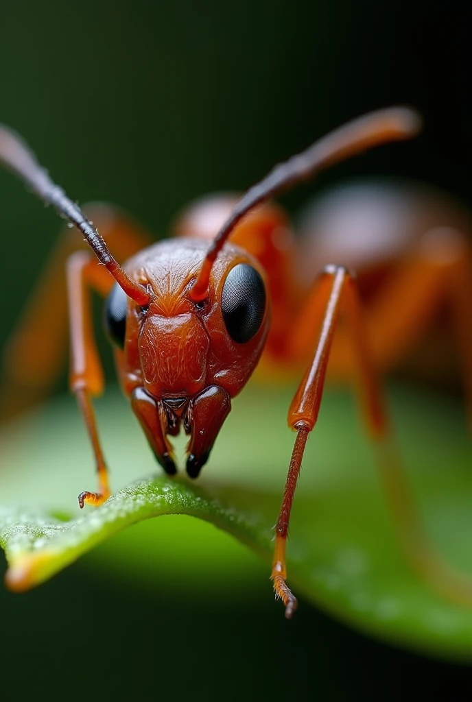 a detailed macro shot of an ant, ultra close-up, all legs and feet clearly visible, focus on the head and antennae, it is holding a leaf, cinematic lighting, glowing light, UHD, masterpiece, accurate, super detailed, highres