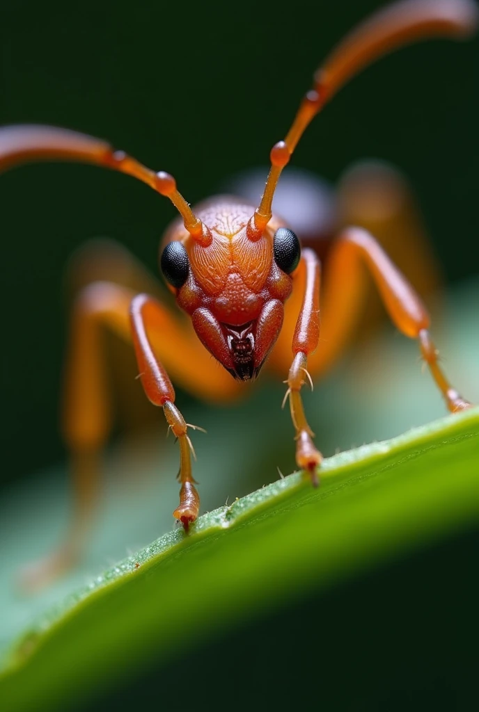 a detailed macro shot of an ant, ultra close-up, all legs and feet clearly visible, focus on the head and antennae, it is holding a leaf, cinematic lighting, glowing light, UHD, masterpiece, accurate, super detailed, highres