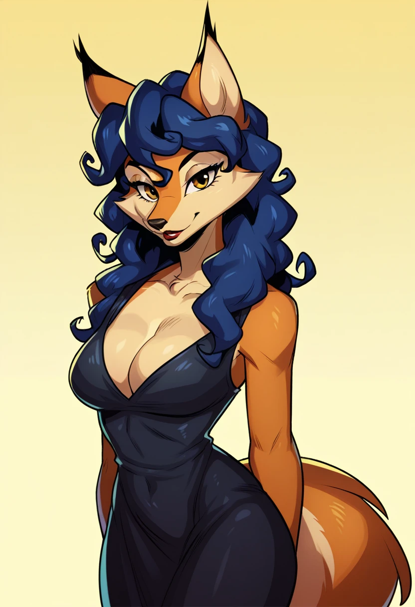 score_9, score_7_up, furry, 1girl, solo, carmelita fox, yellow background, cleavage, black dress, presenting, looking looking at viewer, head tilt, gradient background,