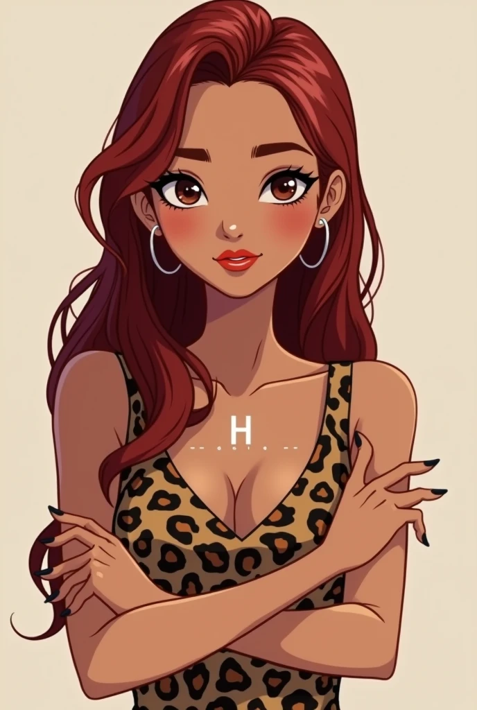  Animated logo of a 19 year old dark red haired girl, pretty eyebrows, straight teeth, very thin lips, long nails, brown skin, dark eyes,with black eyeliner, blushing cheeks,CABELLO LARgO rostro no tan delgado, small bust, crossed arms with initials below, blusa de tirantes estilo animal prince estas iniciales h.n.g.h. in capital letters 