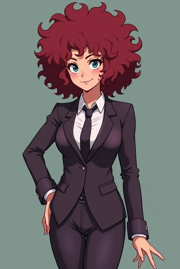 I want you to create Mina Ashido but with an office suit and with big chests
