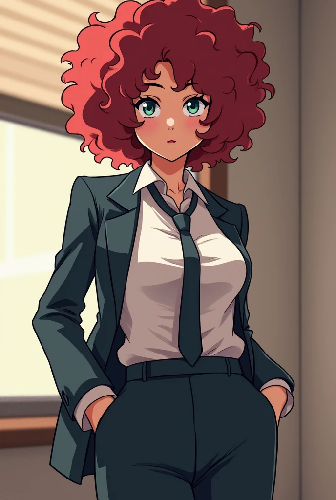 I want you to create Mina Ashido but with an office suit and with big chests