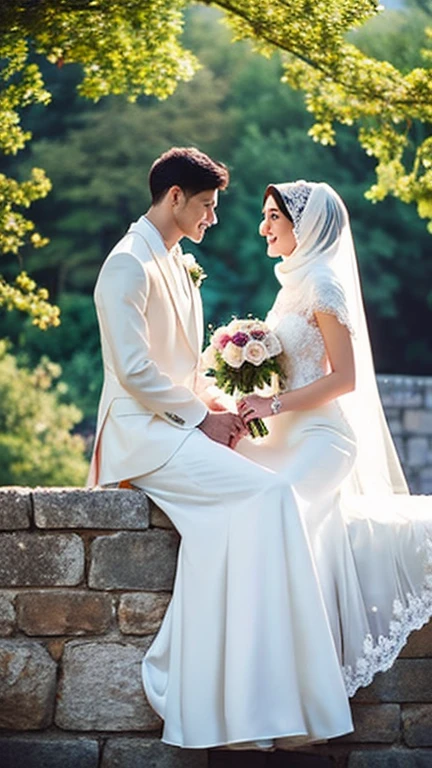 brides in white dresses are sitting on a stone wall, white hijab, veils and jewels, hooded, beautiful wedding dress, very extremely beautiful, wearing translucent veils, beautiful and elegant, wearing a wedding dress, flowing white robes, very beautiful, beautiful, stunning photoshot, exquisite and beautiful, veiled, very magical and dreamy, traditional, beautifully symmetrical