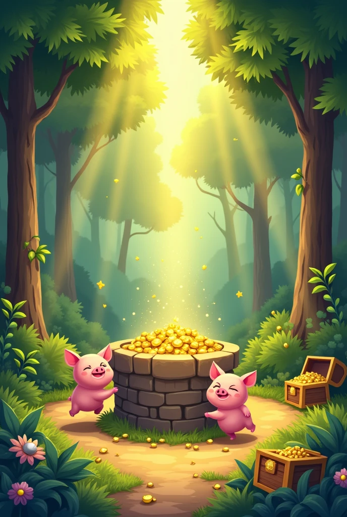 Cartoon drawing of a well in the middle of the forest, with pigs and treasure chests around it. There is gold, silver and golden sunlight shining down.