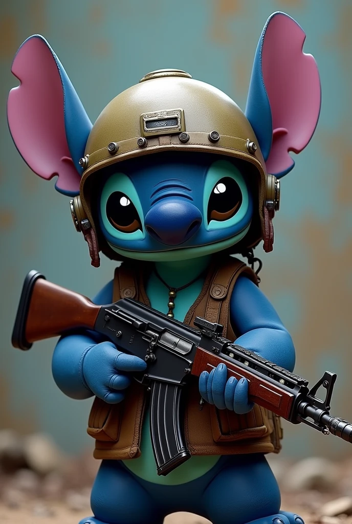 stitch holding an ak-47 rifle and wearing a helmet