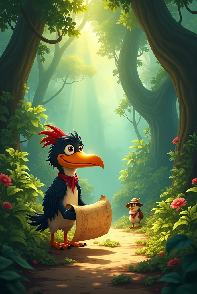 One day, while exploring the forest, They found an old map on the ground. Paco, with its big beak, He picked it up and unfolded it. "Look at this!", he said excitedly. "It seems to lead us to a hidden treasure."