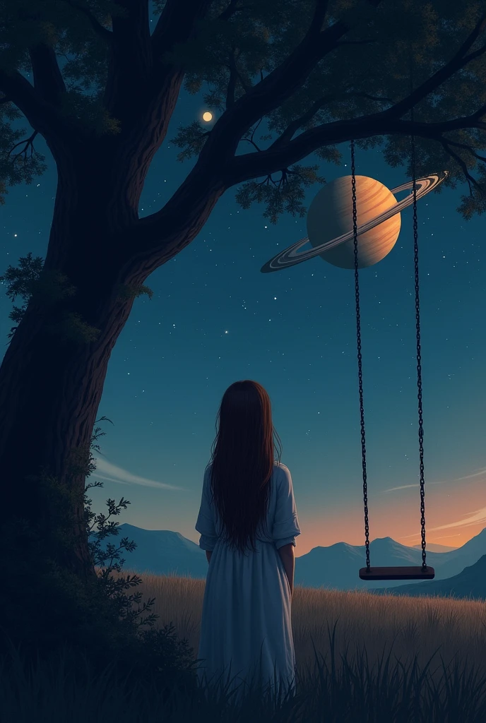 An image in the field at night, a woman with long brown hair from behind, under a tree with a swing. this&#39;it&#39;s night and you can see the stars in the sky, the moon and saturn&#39;rings s, saturno da pra ser vthis no ceu
