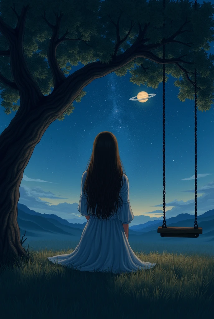 An image in the field at night, a woman with long brown hair from behind, under a tree with a swing. this&#39;it&#39;s night and you can see the stars in the sky, the moon and saturn&#39;rings s, saturno da pra ser vthis no ceu
