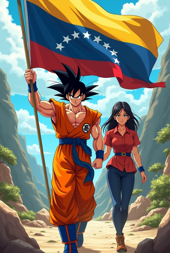 Goku holding the Venezuelan flag walking alongside Maria Corina Machado