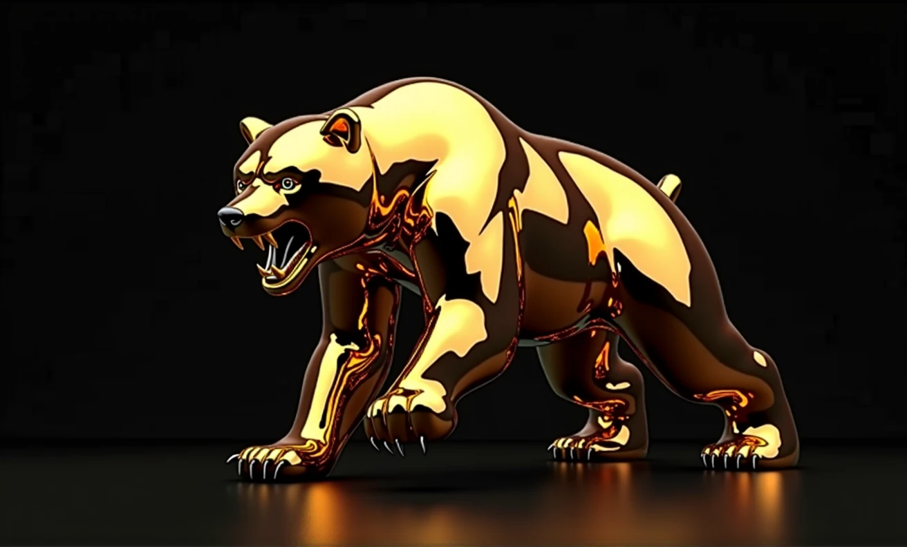 whole bear. smooth gold chrome shiny angry attacking from above with his golden bear black background