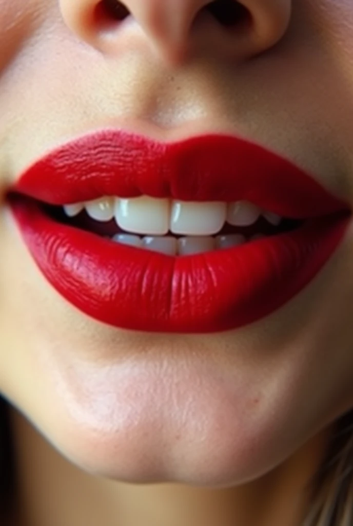 Extreme closeup of a woman’s lips wearing red lipstick and smiling