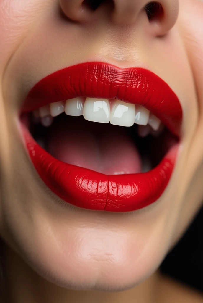 Extreme closeup of a woman’s lips wearing red lipstick and smiling