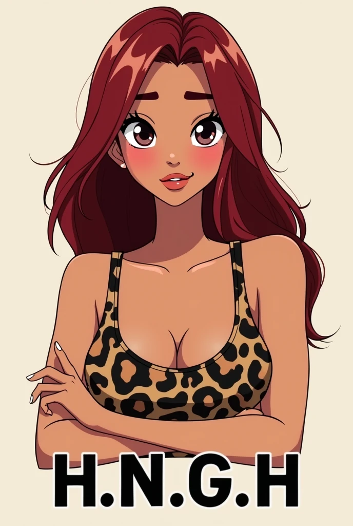 Animated logo of a 19 year old dark red haired girl, pretty eyebrows, straight teeth, very thin lips, long nails, brown skin, dark eyes,with black eyeliner, blushing cheeks,CABELLO LARgO rostro no tan delgado, tiny bust, crossed arms with initials below, blusa de tirantes estilo animal prince estas iniciales h.n.g.h. in capital letters