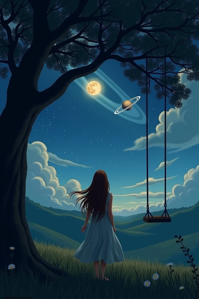 An image in the field at night, a woman with long brown hair from behind, under a tree with a swing. this'it's night and you can see the stars in the sky, the moon and saturn'saturn's rings are in the sky