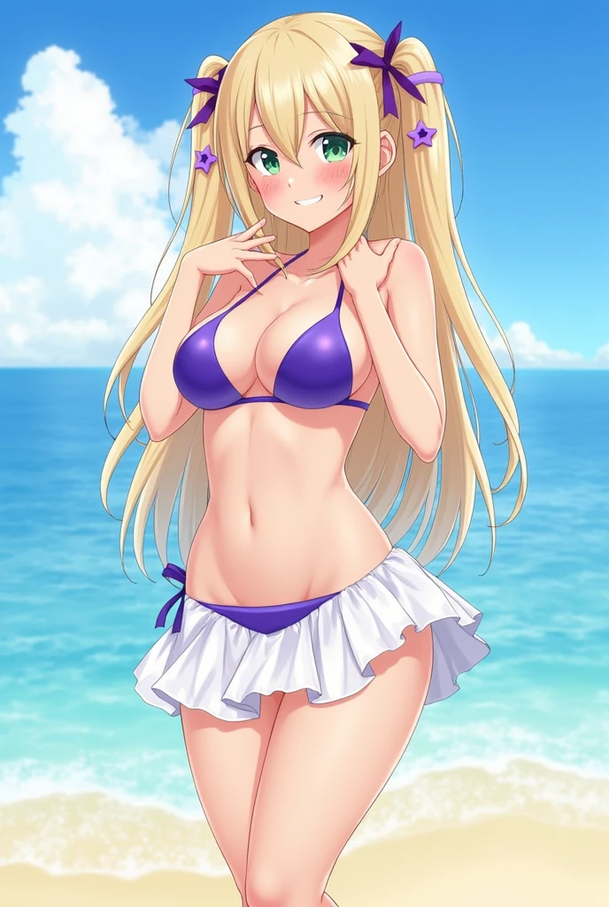 ((best quality)), ((masterpiece)), (detailed), a girl, full body, 20 years old, young adult, happy face, smile, young adult, tall, blue eyes, long blonde hair, hair ornaments, star hair ornaments, bangs, big breasts, sexy purple bikini, bikini with stars, seductive legs, a girl, full body, 20 years old, young adult, surprised face, young adult, tall, green eyes, short pink hair, bangs, medium breasts, sexy blue bikini, seductive legs, sexy legs, a girl, full body, 19 years old, angry face, young adult, somewhat short stature, purple eyes, brown hair, slightly wavy hair, long hair, bangs, blush, very small breasts, sexy white bikini with skirt, seductive legs, a girl, full body, , young adult, embarrassed face, tall, gray eyes, long hair white, spiky hair, ahoge, bangs covering her right eye, very small breasts, flat chest, sexy black bikini, seductive legs, beach background, looking at me, anime