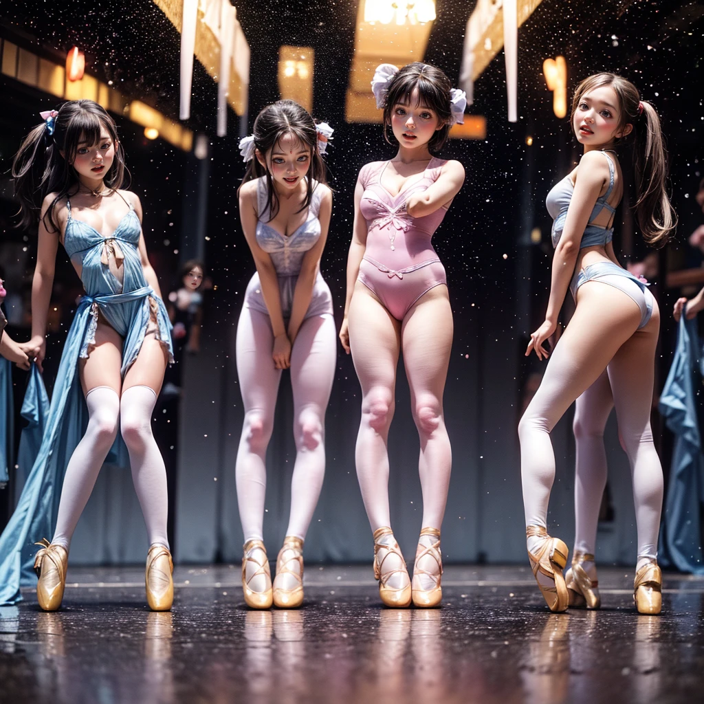 SFW, ExtremelyDetailed (((Kawaii Ballet Girls Group in a row:1.37))), Childish perfect face, Reflective Eyes, Detailed(Delicate Clothing textures), Dynamic Joyful Expressions LifeLike Rendering, (Specular Reflection:0.2), TopQuality 8K Ultra-detailed masterpiece (ProfessionalPhoto:1.37), (Acutance:0.8), (Luminism:1.28), (Light particles:0.75), (Muscle:-0.5), facing away (from side ) (Clearly visible Beautiful hip shape)