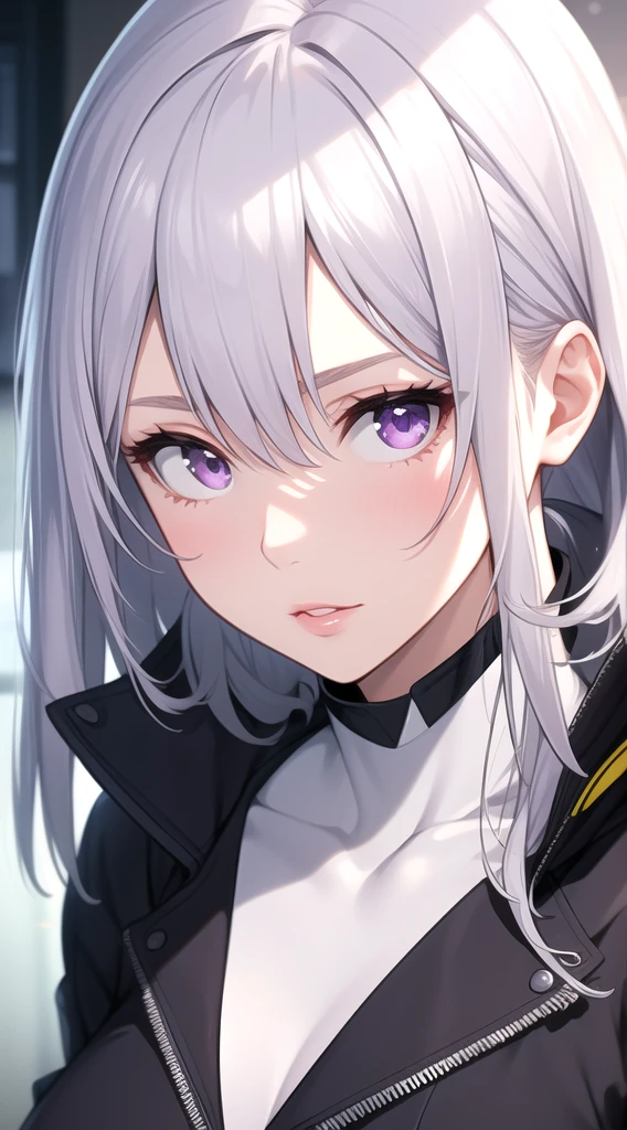 (Masterpiece, best quality), complicated details, thin, ((thin)), beautiful girl, silver hair, white skin, light purple eyes, sharp jaw, Crop Jacket, messy hair, plump lips, upper body, close up, Beaming
